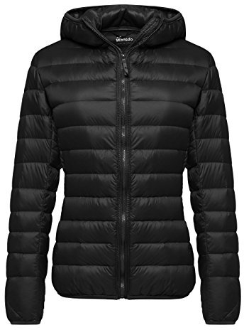 Wantdo Femme Veste en Duvet Manteau Matelassé à Capuche Léger Compressible Veste Coupe-Vent Isolée de Montagne à Capuche Mince Veste d'Extérieur Courte,Noir,2XL