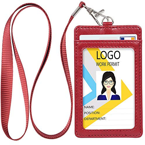 Teskyer Porte Badge Tour de Cou, Porte Badges Verticaux, Fabriqué en Cuir PU, Avec Fenêtre Transparente, 2 Emplacements pour Cartes, Rouge
