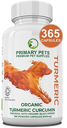 Primary Pets Premium Pet Supplies - Organic Turmeric Capsules for Dogs, 365 x 600mg, Curcumin and Black Pepper Supplement, Supports Dogs Mobility and Wellness, Made with Turmeric Powder