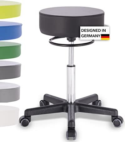 1stuff Profi Rollhocker Squash 35 Circle - ca. 51-71 cm Höhe - Drehhocker höhenverstellbar mit Verstellring - Praxis-Hocker und Arbeitshocker - Arzt-Hocker - Laborhocker mit Rollen Schwarz