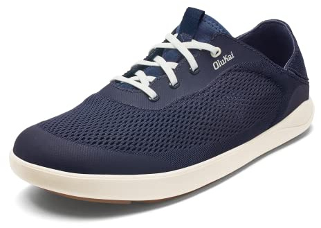 OLUKAI Moku Pae Men's Boat Shoes, Water Resistant & Breathable Mesh, Easy Slip On Design, Quick-Drying & Enhanced Traction, Trench Blue/Off White, 10