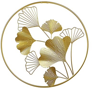 Wanddekoration Metall gold rund Ginkgo Blattmuster im Kreis 45 cm Modern Wanddeko Bismuth