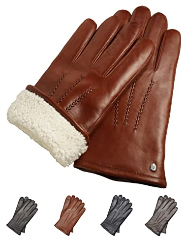 AKAROA ESTD 2019 Lederhandschuhe Herren DAN, Touchscreen Funktion, italienisches Leder, Futter aus original Neuseeland Lammfell, 5 Größen S - XL, cognac, XL - 10