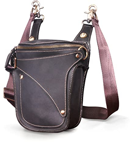 Le'aokuu Herren Leder Motorrad Hüfttasche Messenger Schulter Drop Leg Bag (9326 Dunkelschwarz)