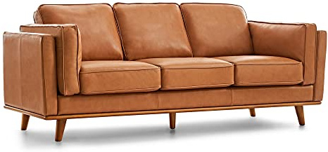 Valencia Artisan Full Leather Sofa 88” - Pure Full Italian Nappa Leather Couch, Solid Wood Accent, Ultimate Comfort, Cognac Tan
