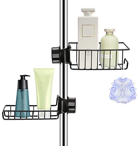 UHAPEER 2 Pack Shower Rack No Drill, Rust-free organizer, Black Bathroom Organizer, for 18-27mm riser rail shower caddy no drill, Shampoo Holder Sponge Holder, Stainless Steel Shower Shelf