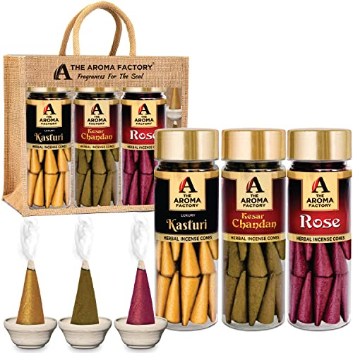 The Aroma Factory Organic Incense Dhoop Cones (Saffron Sandal, Rose, Musk Kasturi) No Charcoal | No Bamboo | 100% Herbal Fragrance | Assorted Pooja Dhoop, 3x30 Cones Jute Gift Set with Holder