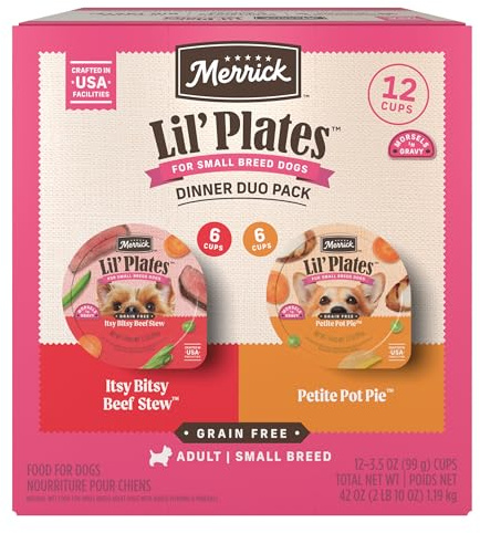 Merrick Lil’ Plates Grain Free Dinner Duos Soft Natural Wet Small Dog Food Variety Pack, Beef and Chicken - (Pack of 12) 3.5 lb. Tubs
