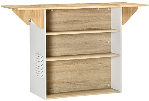 HOMCOM Mobile da cucina a isola con piano di lavoro ribaltabile in legno di gomma e 2 ripiani - 140 x 55 x 91 cm