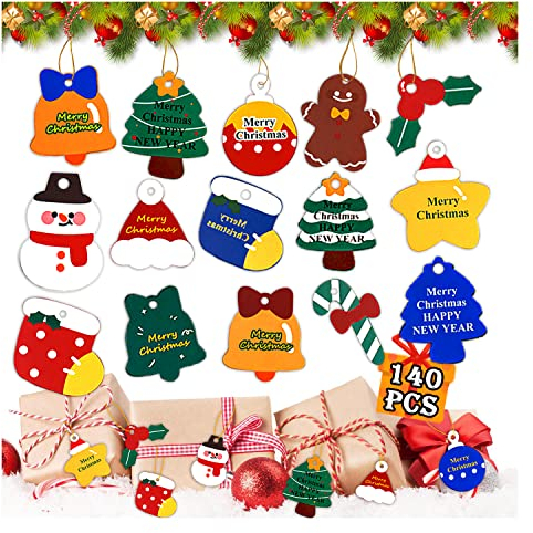 Leesgel Geschenkanhänger Weihnachten, 140 Stück Weihnachts Etiketten zum Beschriften Anhänger Etiketten mit Schnur für Weihnachtsdeko Geschenkverpackung, Christbaumschmuck Label