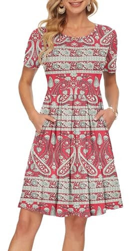 AUSELILY Summer Dresses for Women Short Sleeve Pleated Loose Swing Casual Dress with Pockets Knee Length Boho Floral Red M