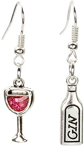 bluebubble GIN TIME Silver Glass and Bottle Dangle Earrings on Gift Card (Pink Fruity Gin)
