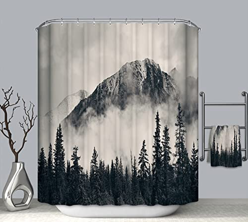 EHOMERY Rideau Douche Industriel Ensemble Salle De Bain Rideau Tapis Brume De Forêt De Montagne Rideau De Douche Style Industriel Rideaux De Douche De Luxe Polyester Gris 120X180Cm