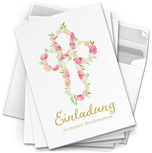 10 Einladungskarten Konfirmation - Motiv Rosen Kreuz - moderne Klappkarten mit Umschlägen - Einladungen zu Konfirmationsfeier Einladung Karten