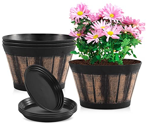 Blumentöpfe, Set mit 4 Stück, 20.3 cm. Whiskey-Fass-Pflanzgefäße mit Ablauflöchern und Untersetzer. Kunststoff-Dekoration, Blumentöpfe, Imitation, Weinfass-Design, Garten, Hauspflanzen (braun)