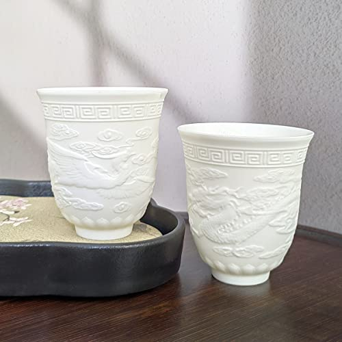 NIUKOMY Chinesische Keramik Teetassen, Kleine Tee Tasse Ohne Henkel, Japanische Teebecher 2er Set, Asiatische Tee Becher Porzellan mit Drachen und Phönix Motiv 140ML Weiße