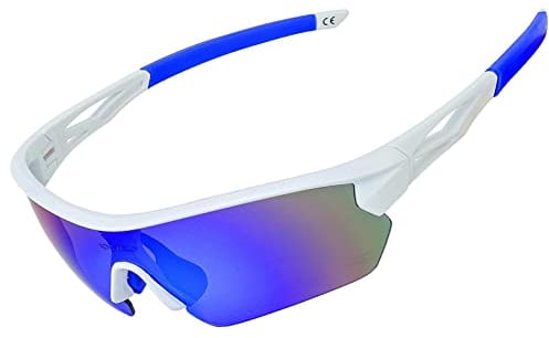 JOGVELO Cycling Sunglasses, Sport Sunglasses Polarized for Men UV400 Protection with 5 Interchangeable Lens for Cycling Running Baseball Golf, White&Blue