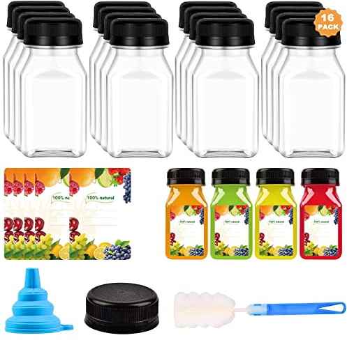 DMSELL 16 Pack 4oz(120ml) Plastic Juice Bottles With Tamper Seal Lids, Reusable Shot Juice Bottles with lids for Storing Juices, Water
