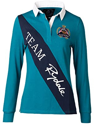 Rydale Ladies Rugby Shirt Women’s Long Sleeve Polo Shirt 100% Cotton Country Embroidered (Sash Teal/Navy, 14)