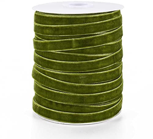 Pandahall Rouleau de ruban en velours de 45,7 m x 0,95 cm sur une face - Décoration en dentelle pour emballage cadeau, nœuds pour cheveux, fabrication de pinces à cheveux, couleur vert olive foncé