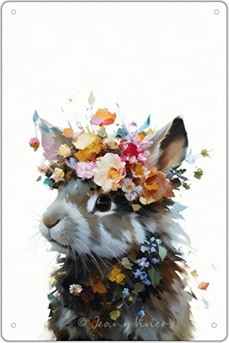DAIERCY Kinderzimmer-Dekor, Hasen-Dekor, Wandkunst, niedliches florales Kaninchen-Poster, Bild, Eisendruck, Mädchen, Baby, Wanddekorationen, Kinderzimmer, Dekoration, Kunstwerk, Metallschild, 30,5 x