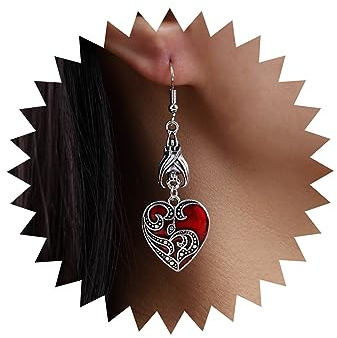 Inateannal Gothic Red Heart Bat Drop Earrings Heart Rock Bat Hook Earrings Silver Filigree Heart Dangle Earrings Punk Dark Rock Earrings Jewelry for Women and Girls