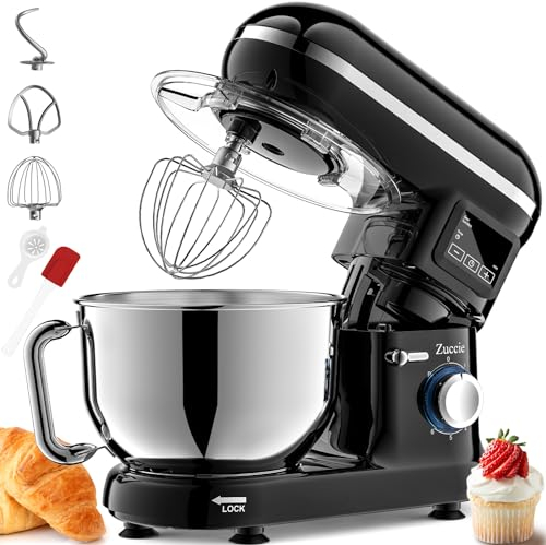 Robot Pâtissier Zuccie 1500W 5.5L Bol d'Acier Inoxydable Professionnel Robot patissier,Écran LCD,Avec Crochet Pétrisseur,Batteur,Fouet à Fil,protection contre les éclaboussures,6 Vitesses