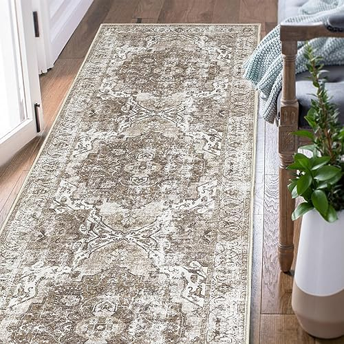 TOPICK Läufer 60x240cm Braun Area Teppich Wohnzimmerteppich Vintage Multi Blumendruck rutschfest Dünner Waschbar Teppich Bodenbelag Faltbar für Innenbereich Büro Schlafzimmer Küche