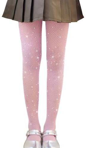 LOLANTA Confezione da 2 collant a rete per ragazze, collant con strass luccicanti per bambini, Calze a rete, Rosa scintillante, 8-13 anni, XL