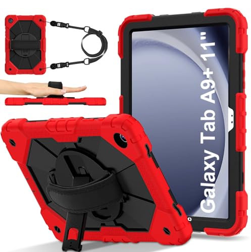 BARALARIQIU Funda para Samsung Tab A9 Plus de 11 pulgadas SM-X216B (2023) a prueba de golpes, suave y ligera, con correa para el hombro y la mano con función atril para tableta, color rojo y negro