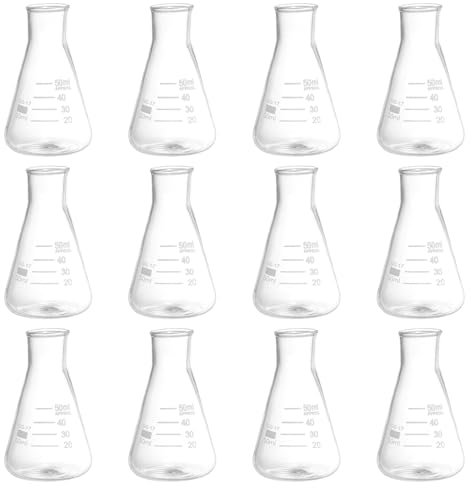 PATIKIL Erlenmeyer Flask, 12 Pcs 50ml Narrow Mouth Graduated Flasks Borosilicate Glass with Printed Graduation for Lab, Experiment, Chemistry, Science Study
