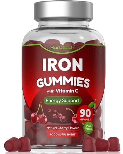 Fer Gummies 14mg avec Vitamine C 40mg | 90 Vegan Gummies Saveur de Cerise | Complément Alimentaire Fer et Vitamine C | Iron Supplement | par Horbaach