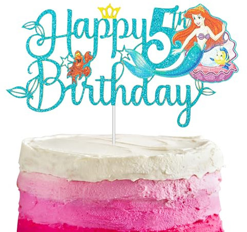 Girls' 5th Birthday Mermaid Cake Toppers - Cartoon Theme, Shinny Mermaid, Happy Birthday Cake Decorations for Kids
