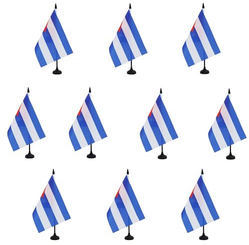 AZ FLAG - 10 banderas de mesa cubana, 21 x 14 cm, 10 pequeñas banderas cubanas de oficina, 100% poliéster, con mástil de 25 cm y base de plástico negro