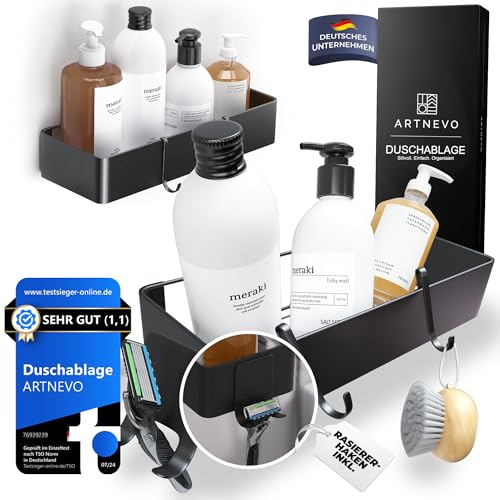 ARTNEVO - Duschablage ohne bohren schwarz mit zusätzlichem Rasierhaken - 2 Stück Duschregal ohne bohren mit viel Stauraum und einfacher Montage - Stilvolles Badregal ohne bohren rostfrei