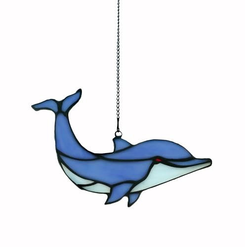 Sonnenfänger im Tiffany-Stil, Buntglas-Dekor, Fisch für Fenster oder Wand, Buntglas, Delfin-Ornament, handgefertigt, Geschenk, Sonnenfänger, Fensterpaneel mit Kette (blau)
