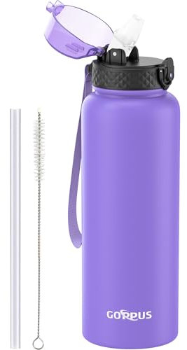GOPPUS 1.2L/40oz Stainless Water Bottle with Straw Double Wall Insulated Bottles with Strap Large Vacuum Thermal Flask Leakproof Keep Cold Drinks Bottles with Flip Top Lid for Men Women BPA Free