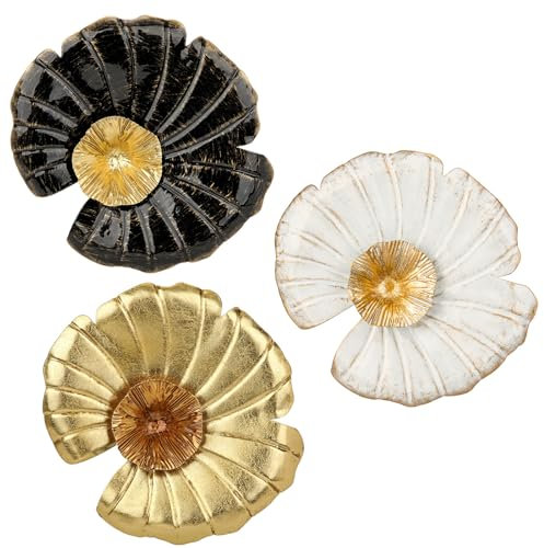 Hollyone 11 Gold Wall Décor Pack of 3 Metal Lotus Leaf Plate Black White Wall Art Modern Accent Hanging Wall Decorations for Home Office Bedroom Living Room Wall Sculptures
