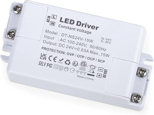 YAYZA! LED Trafo 24V15W, LED Transformator 230V auf 24V DC LED Netzteil, IP44 Driver, Konstantspannungs Treiber für Streifen Lampen G4, MR11, GU5.3, MR16