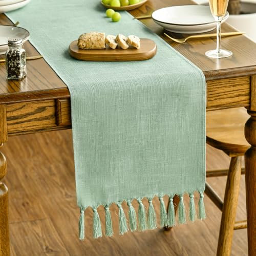 Artoid Mode Salbei Grün Landhausstil Quasten Tischläufer, Waschbar Küche Tisch Dekoration Party Geburtstag Hochzeit Dekor 33x143 cm