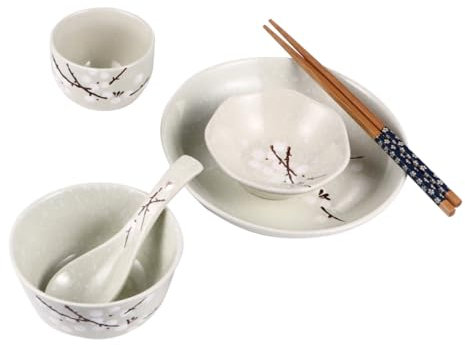 SECFOU Vaisselle Japonais Pour Personne Bol Assiette Tasse Plat Cuillère Et Baguettes Design Floral Élégant Pour Repas Quotidiens