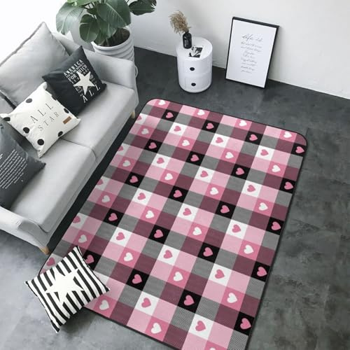 Tapis de sol d'intérieur esthétique, doux et lavable pour salon, chambre à coucher, motif cœur rose, 152 x 213 cm