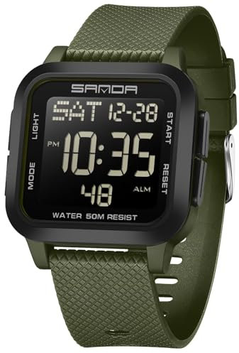 findtime Eckige Digitaluhr Herren Quadratische Militär Uhr 5 ATM Wasserdicht Outdoor Armbanduhr Sportuhr Tactical Watch Military Stoppuhr Sport 12/24H Wecker Alarm LED Kalender Countdown Chronograph