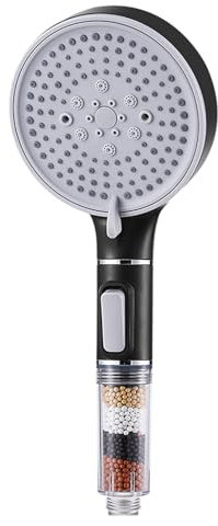 Kopfbrause mit Filter, Handbrause mit Booster-Funktion, 5 Strahlarten und Stopp-Funktion, Handbrause mit Mineralfilter entfernt hartes Wasser, Restchlor, Bakterien und Schwermetalle (Schwarz)