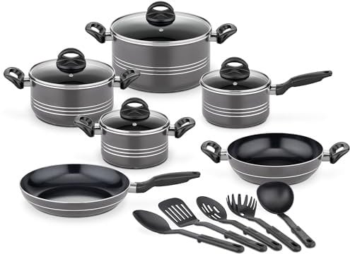 GSW Kochtopf Set Milano Grey, 15-teilig, Hochwertiges Topfset für Induktion, Ceran & Gas, Antihaftbeschichtung, Kochtöpfe mit Glasdeckel & Küchenhelfer, Töpfe & Pfannen