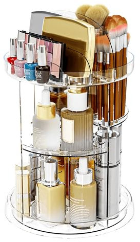 Lacusmall Make Up Kosmetik Organizer, 360° Drehung Aufbewahrungsbox mit 8 Einstellbaren Stufen, Multifunktion Skincare Aufbewahrung, Schmink Aufbewahrung für Schminktisch, Transparent