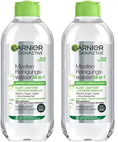 Garnier Mizellen Reinigungswasser/Gesichtsreinigung für Mischhaut und empfindliche Haut (Optimale Verträglichkeit - ohne Parfüm) 1x 400 ml (Packung mit 2)