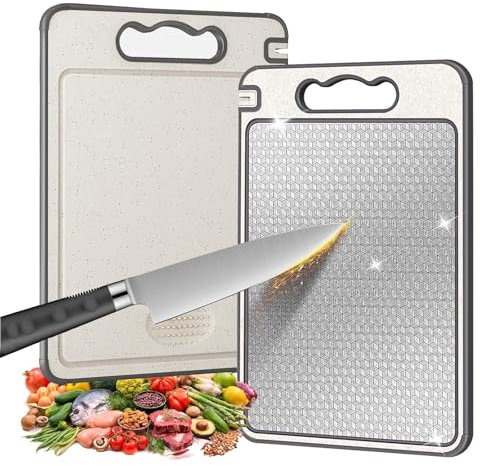 Chopping Boards for Kitchens,Double-Sided Cutting Board with 304 Stainless Steel & Wheat Straw,Sharpener, Easy to Clean, Food-Grade Plastic Chopping Board for Meat,Vegetables,Fruits