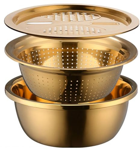 Lejelyma Stainless Steel Colander Set, 3PCS/Set 11 Dia. Gold Strainer, Basin and Grater for Washing, Rinsing, Shredding Stainless Steel Colander