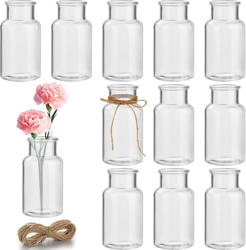 12 Pcs 125ml Small Vases Set with 5M Jute Twine, 10cm Height Clear Bud Vase for Table Decoration, Cute Handmade Flower Vases, Mini Glass Bottles for Living Room, Home, Office, Wedding Reception